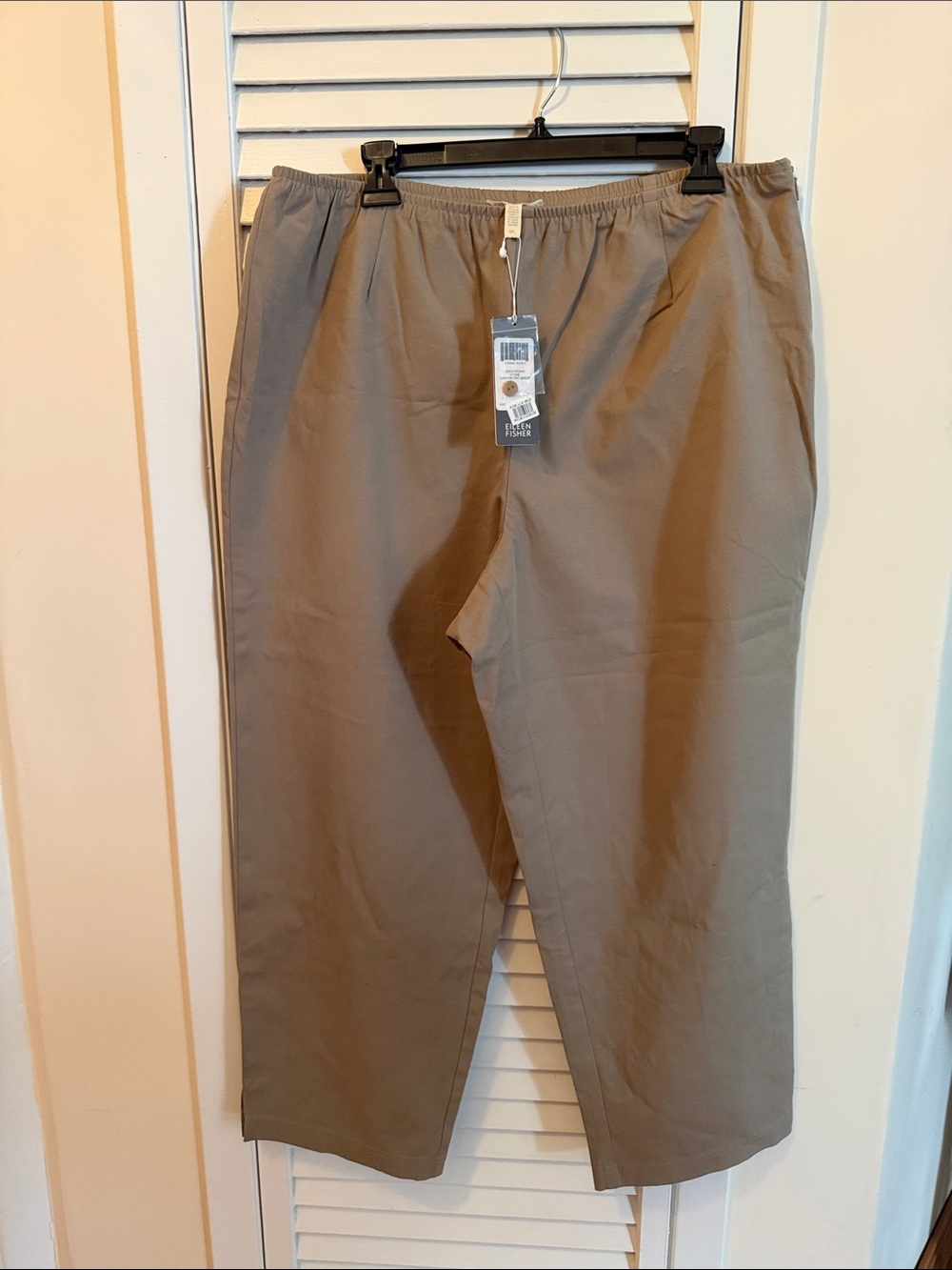 NWT Eillen Fisher Relaxed Elastic-Waist Chinos in Taupe 1X